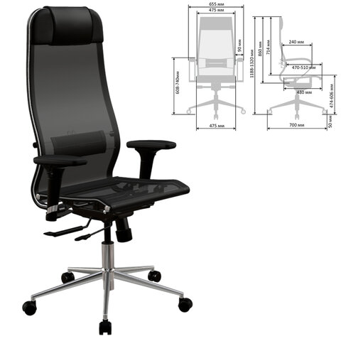 кресло метта "ergolife" 10 b1-104d, хром, синхромеханизм, 2d-подлокотники, прочная сетка, черное