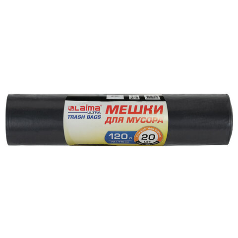 мешки для мусора laima "ultra" 120 л, черные, рулон 20 шт., сверхпрочные, псд 60 мкм, 70х110 см, 607