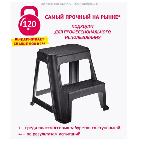 стремянка-табурет, 2 ступени, стационарная, пластиковая, нагрузка 120 кг, вес 2,4 кг, черная, idea, 