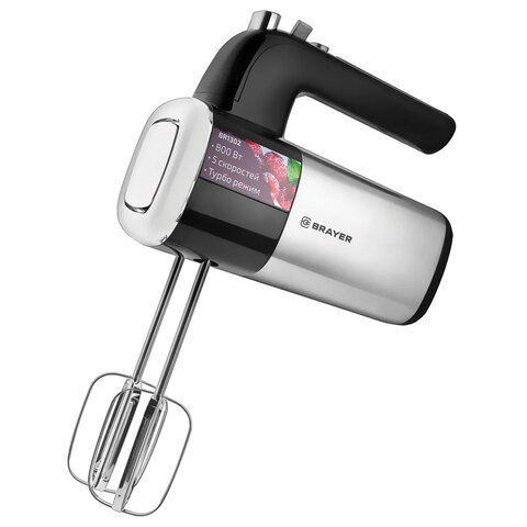 миксер brayer br1302, 800 вт, 5 скоростей, 2 венчика, 2 крюка для теста, черный/серебро
