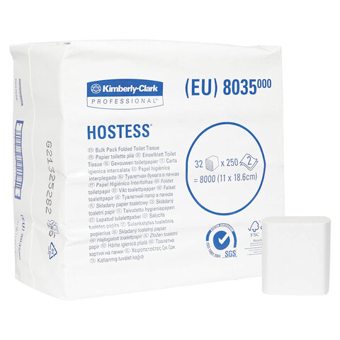 бумага туалетная листовая kimberly-clark hostess комплект 32 шт., 250 листов, 18,6х11 см, 2-слойная,
