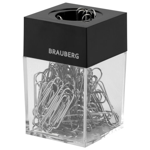 скрепочница магнитная brauberg со 100 никелированными скрепками 28 мм, прозрачный корпус, 228400