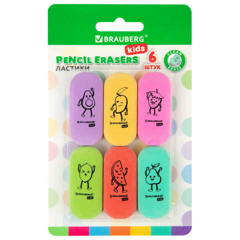 ластики brauberg kids "fruits", набор 6 штук, 50х23х10 мм, овальные, ассорти, 272669