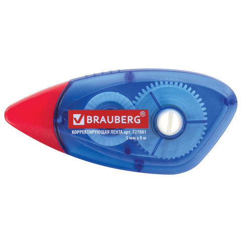 корректирующая лента brauberg, 5 мм х 8 м, корпус синий, механизм перемотки, блистер, 227801