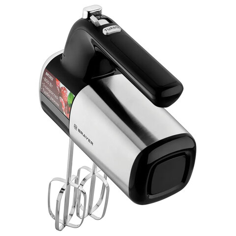 миксер brayer br1302, 800 вт, 5 скоростей, 2 венчика, 2 крюка для теста, черный/серебро