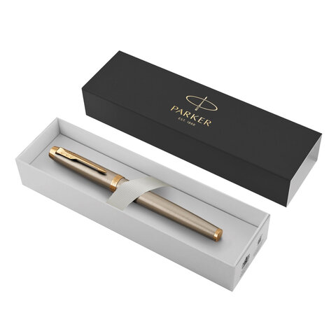 ручка-роллер parker "im core brushed metal gt", серебристый матовый лак, позолота, черная, 1931663