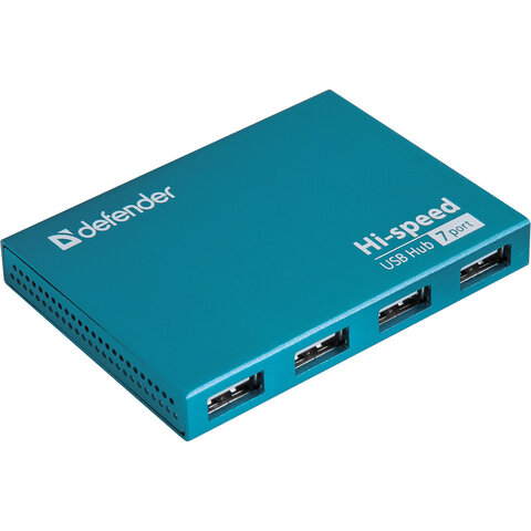 хаб usb 2.0, 7 портов, порт для питания, синий, defender septima slim, 83505