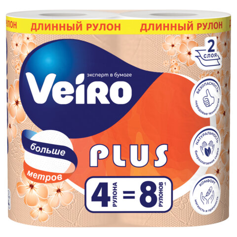 бумага туалетная бытовая, спайка 4 шт., 2-х слойная (4х29,5 м), veiro standart plus, белая, 3с24