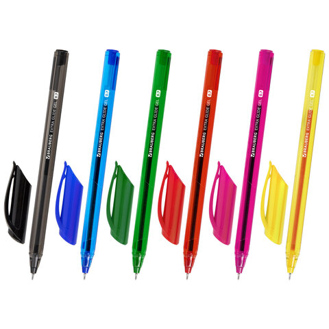 ручки гелевые brauberg "extra glide gel", набор 6 цветов, трехгранные, игольчатый наконечник 0,7 мм,