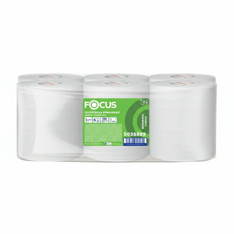 полотенца бумажные с центральной вытяжкой 280 м, focus (м2) jumbo, 1-слойные, белые, комплект 6 руло