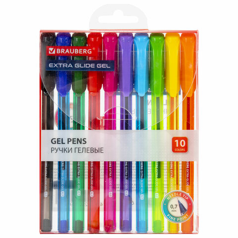 ручки гелевые brauberg "extra glide gel", набор 10 цветов, трехгранные, игольчатый наконечник 0,7 мм