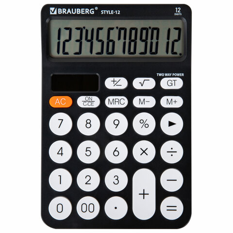 калькулятор настольный brauberg style-12-bk (157х106 мм), 12 разрядов, двойное питание, черный, 2729