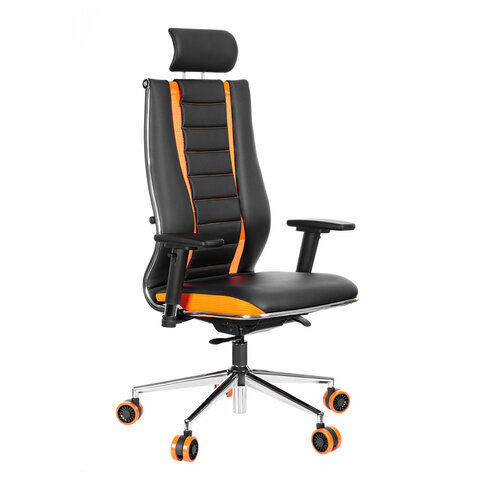 кресло компьютерное метта "ergolife" 10 b2-160d, 2d-подголовник, экокожа/сетка, черное/оранжевое
