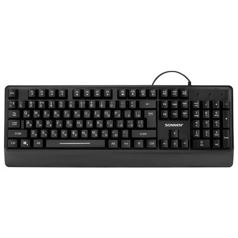 клавиатура проводная бесшумная usb, 104 клавиши, led-подсветка, sonnen k305, черная, 513948
