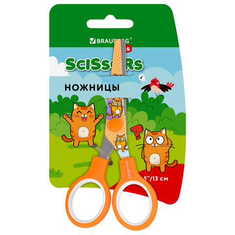 ножницы 130 мм оранжевые, с цветной печатью "котики", закругленные, brauberg kids, 238351