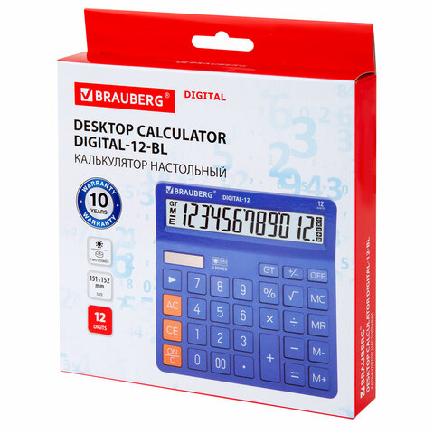калькулятор настольный brauberg digital-12-bl (151х152 мм), 12 разрядов, двойное питание, синий, 272