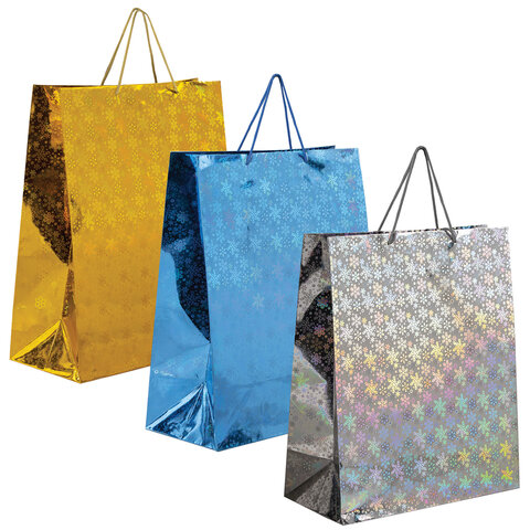 пакет подарочный новогодний (1 шт.) 41x19x49 см (xxl), голография, ассорти 3 цвета, золотая сказка, 
