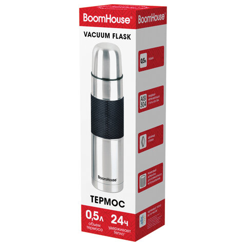 термос 0,5 л, boomhouse (бумхаус) classic, нержавеющая сталь sus304, черный силиконовый рукав, крышк