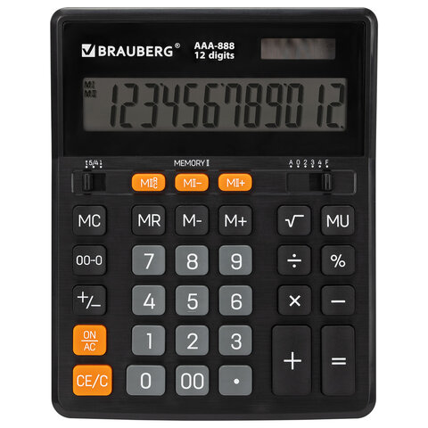 калькулятор настольный brauberg aaa-888 (202x159 мм), 12 разрядов, черный, двойное питание, 273981