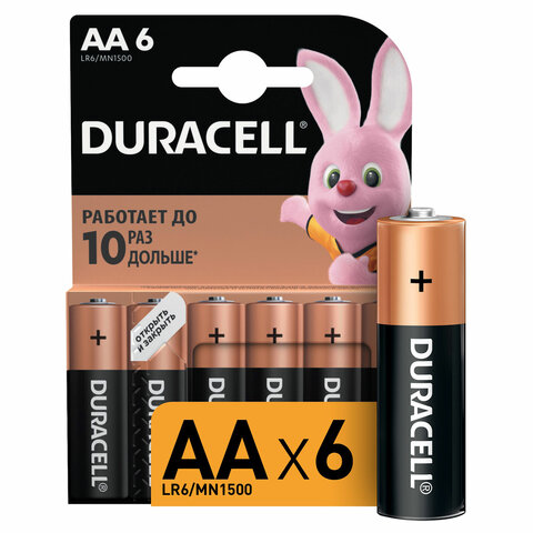 батарейки комплект 6 шт., duracell basic оригинал, аа (lr6,15а), алкалиновые, пальчиковые, б0014859