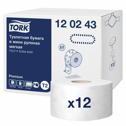 бумага туалетная 170 метров, tellus/tork (система t2) premium, комплект 12 рулонов, 2-слойная, белая
