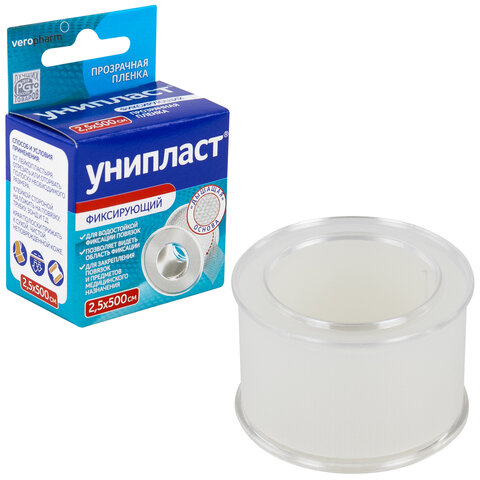 лейкопластырь рулонный унипласт, 2,5х500 см, пленочная основа, катушка в картонной коробке, 20024378