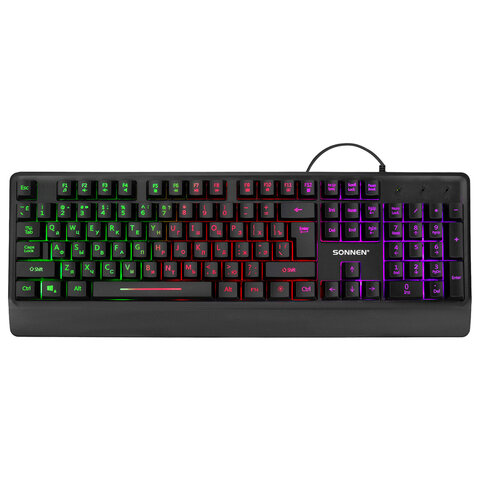 клавиатура проводная бесшумная usb, 104 клавиши, led-подсветка, sonnen k305, черная, 513948