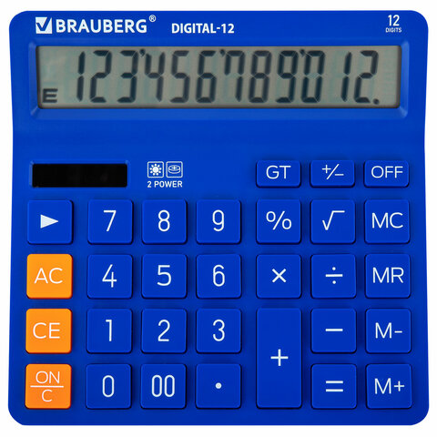 калькулятор настольный brauberg digital-12-bl (151х152 мм), 12 разрядов, двойное питание, синий, 272