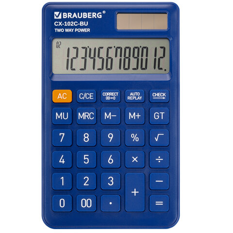калькулятор карманный brauberg cx-102c-bu (76x126 мм), 12 разрядов, двойное питание, синий, 272648