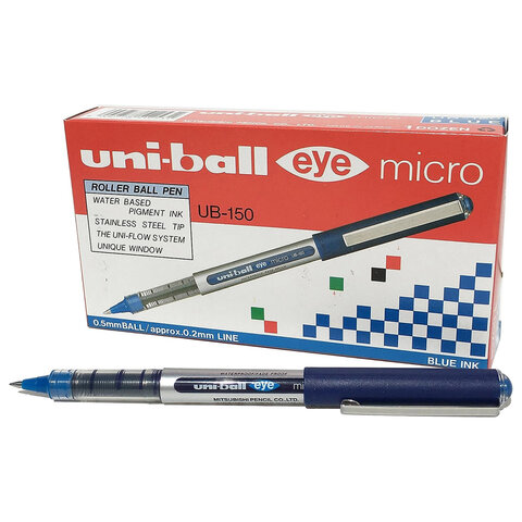ручка-роллер uni-ball eye, синяя, корпус серебро, узел 0,5 мм, линия 0,3 мм, ub-150 blue