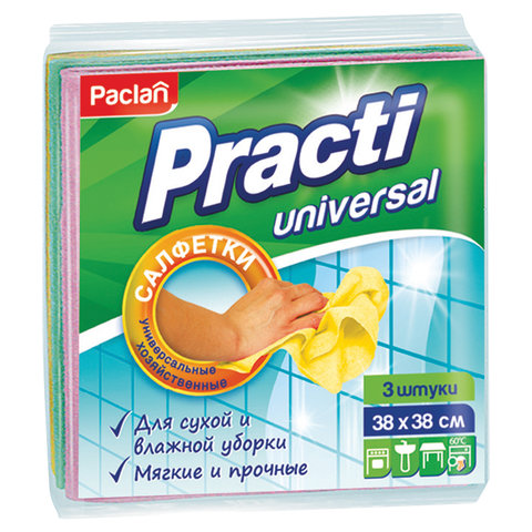 салфетки универсальные, 38х38 см, комплект 3 шт., 110 г/м2, вискоза, paclan "practi universal", 4100