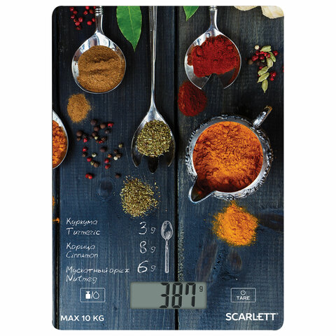 весы кухонные scarlett sc-ks57p68, электронный дисплей, max вес 10 кг, тарокомпенсация, стекло