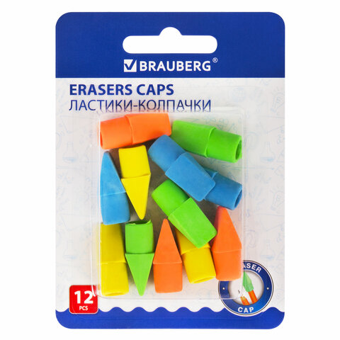 ластики-колпачки brauberg "eraser caps", набор 12 штук, яркие цвета ассорти, блистер, 271994