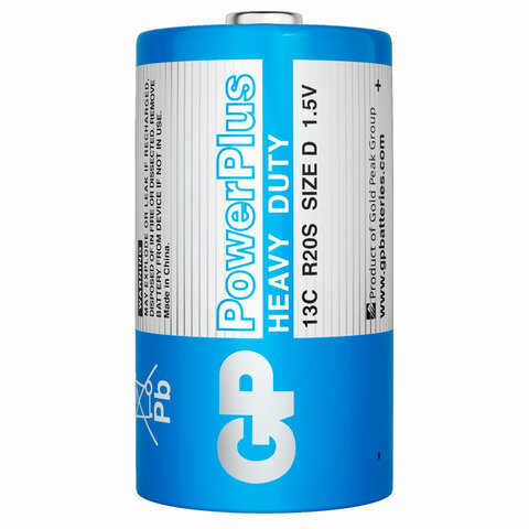 батарейки комплект 2 шт., gp powerplus d (13c), солевые, в пленке, 13cebra-2s2