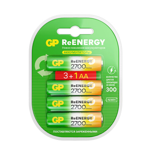 батарейки аккумуляторные gp reenergy ni-mh комплект 4 шт. (промо 3+1), аа (hr6), 2600 mah, 270aahc3/
