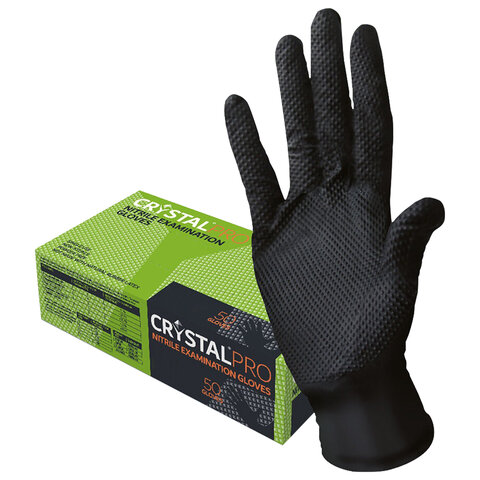 перчатки нитриловые смотровые с текстурой crystal pro, 25 пар (50 шт.), размер m (средний), черные, 
