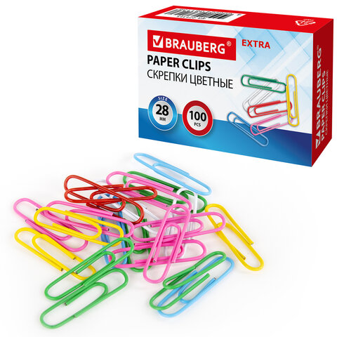 скрепки extra brauberg 28 мм цветные 100 штук, 271313