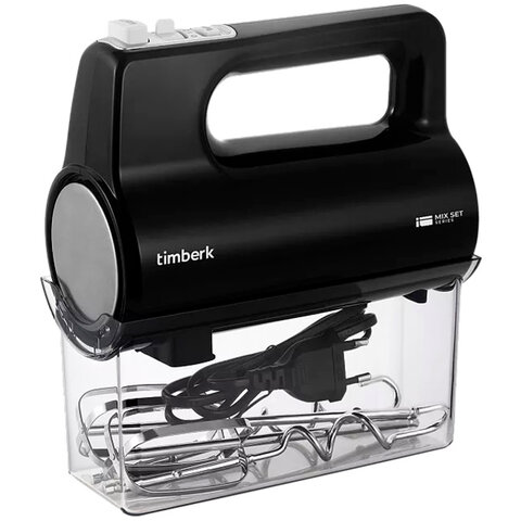 миксер timberk t-hm40s50, 700 вт, 5 скоростей, 2 венчика, 2 крюка для теста, контейнер, черный