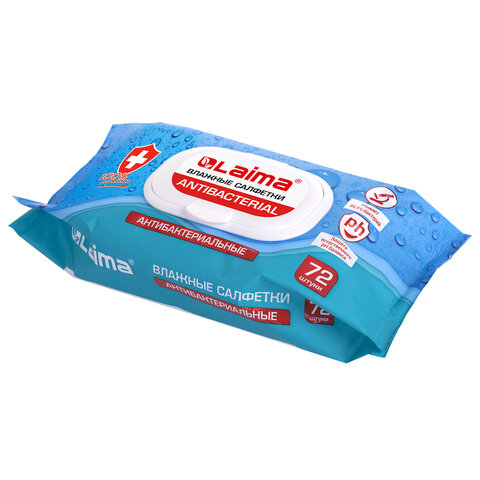 салфетки влажные 72 шт., антибактериальные с пластиковым клапаном, laima "antibacterial", 129997