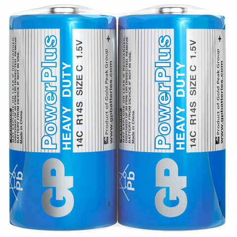 батарейки комплект 2 шт., gp powerplus c (14c), солевые, в пленке, 14cebra-2s2
