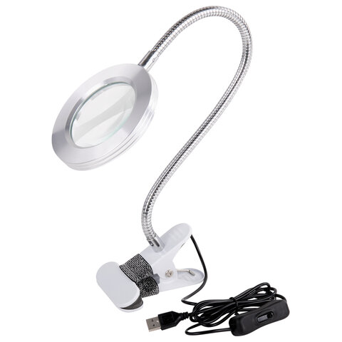 лупа настольная на прищепке с led-подсветкой, диаметр 75 мм, увеличение 3, brauberg, 455931