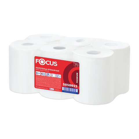 полотенца бумажные рулонные 150 м focus (h1) extra quick, втулка 38 мм, 2-слойные, белые, комплект 6
