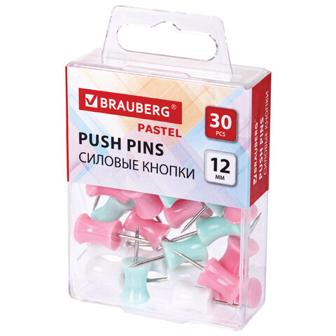 силовые кнопки-гвоздики brauberg pastel, пастельные цвета, 30 штук, 12 мм, 272756
