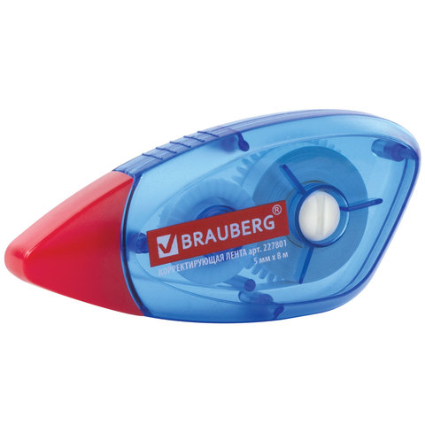 корректирующая лента brauberg, 5 мм х 8 м, корпус синий, механизм перемотки, блистер, 227801