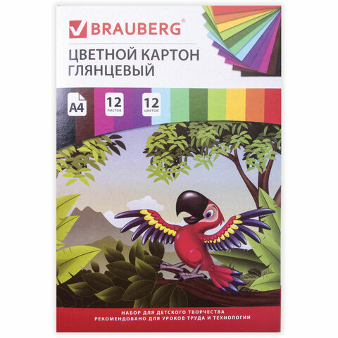 картон цветной а4 мелованный (глянцевый), 12 листов 12 цветов, в папке, brauberg, 200х290 мм, "килим