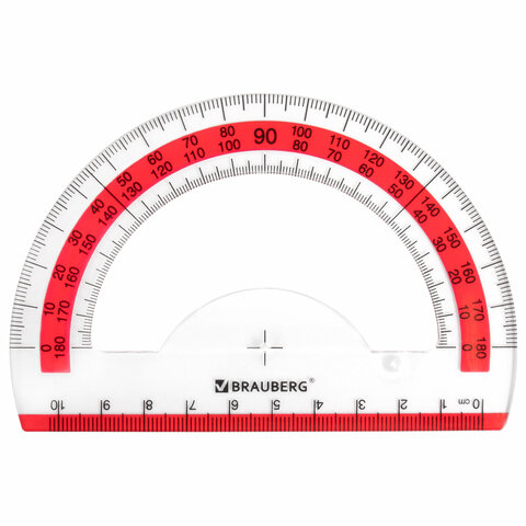 транспортир 10 см brauberg "fresh zone", 180 градусов, пластик, прозрачный, красная шкала, 210760