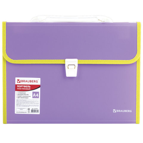 папка-портфель пластиковая brauberg "joy", а4 (330х245х35 мм), 13 отделений, с окантовкой, фиолетова