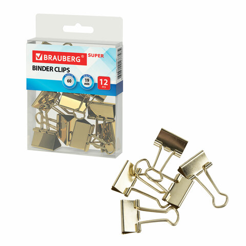 зажимы для бумаг brauberg extra, комплект 12 шт., 19 мм, на 60 л., золотистые, европодвес, 229586