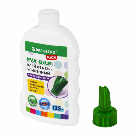 клей пва, усиленный, brauberg kids с супер-дозатором (для школы, хобби и творчества), 125 г, 271937