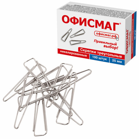 скрепки офисмаг, 25 мм, никелированные, треугольные, 100 шт., в картонной коробке, 270441